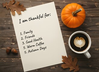 An autumn flat lay with a gratitude list, a cup of coffee, a pumpkin, and fall leaves on a wooden background.
