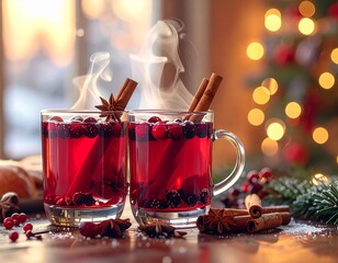 Delicious warm spiced beverage with festive decor and seasonal decorations