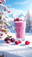 Raspberry smoothie enjoyed in a winter wonderland with snowy mountains in the background