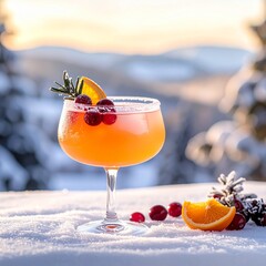 Colorful cocktail served on snowy surface during sunset at a winter gathering
