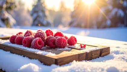Fresh raspberries on wooden board in snowy winter landscape during sunset