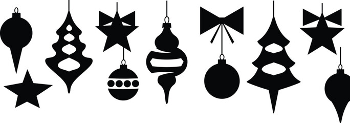 Black Christmas ornament silhouette collection, festive stars, bows, baubles, and tree shapes, minimalist holiday decoration vector icons for design projects