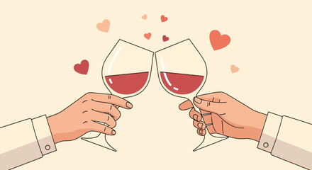 Romantic Toast - Two Hands Clinking Wine Glasses Surrounded by Hearts.