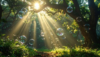 Sunlight streams through trees with colorful bubbles floating in a serene forest scene
