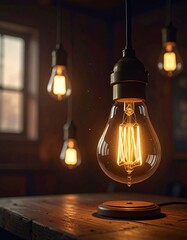 Vintage light bulbs illuminate a rustic room during the evening