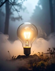 Bright light bulb glowing amidst foggy forest setting in the early morning