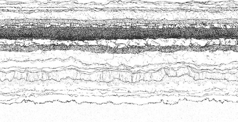 Black and white graphic representation of geological strata layers abstract background