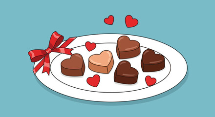 Heart-shaped chocolates on a plate with a red ribbon.