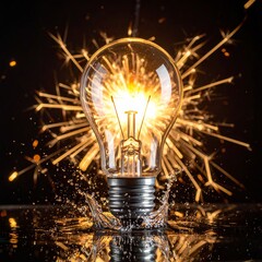 Bright explosion of sparks from a light bulb in a dark space with water splashes