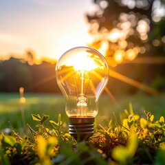 Creative light bulb glowing in nature during sunset with a beautiful green background