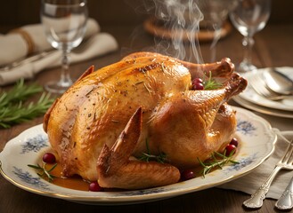 A perfectly roasted whole turkey, garnished with cranberries and rosemary, steaming on a platter, ready for a festive meal.