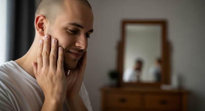 Smiling young man touching his cheek and jawline, appreciating his healthy skin indoors at home