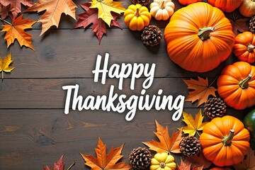 Fototapeta premium Thanksgiving Card with Pumpkins and Autumn Leaves on Wood