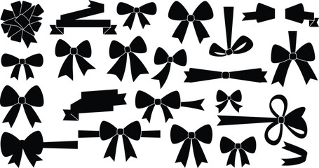 Black ribbon bow silhouette collection, decorative gift wrap vector set, festive holiday bow designs for Christmas and celebration decorations
