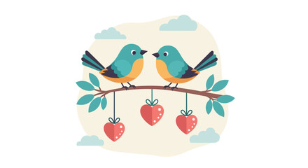 Two Birds in Love on a Branch with Heart Ornaments.