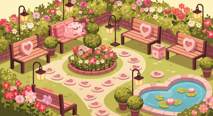 Charming Valentines Day Garden Scene with Benches and Pond.
