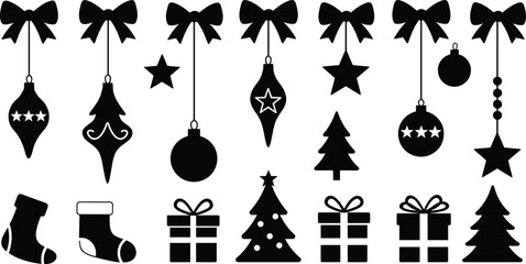 Christmas decoration silhouette set, festive ornaments, trees, gifts, socks, stars, black and white vector clipart for holiday design