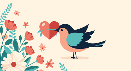 Bird Carrying Heart Among Flowers - A Symbol of Love and Nature.