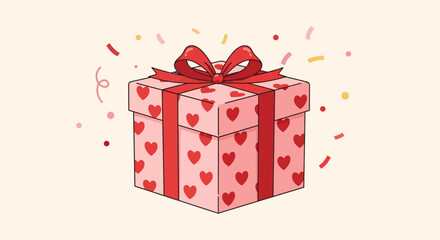 Heart-Patterned Gift Box with Red Ribbon and Bow Illustration.