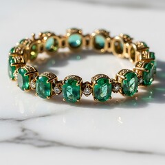 Elegant Emerald and Diamond Bracelet on Marble Surface.