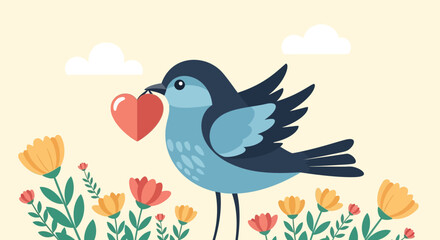 Illustration of a bird holding a heart in its beak.