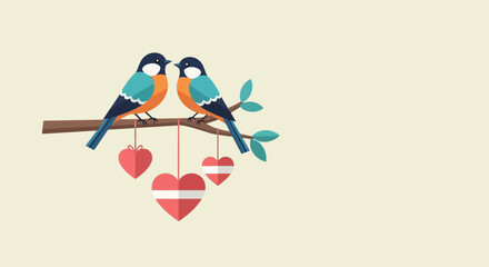 Two Birds in Love on a Branch with Hanging Hearts.