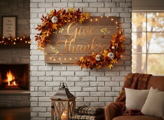 A rustic living room with a 'Give Thanks' sign decorated with autumn leaves and lights for Thanksgiving.