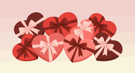 Heart-shaped boxes of chocolates with ribbons, a sweet Valentines Day gift.