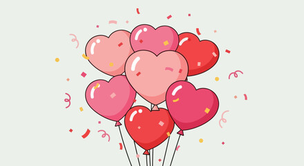 Heart Balloons Floating in Air with Confetti Celebration.