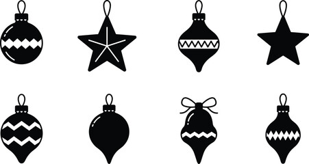 Christmas ornament silhouette collection, black and white bauble icons, festive decoration elements, minimalist holiday clipart for design, vector illustration
