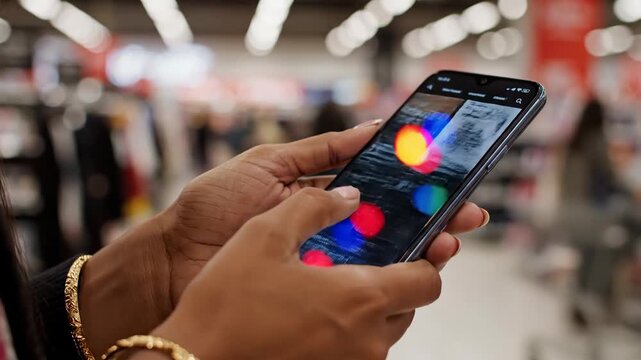 Woman browsing black Friday sale on smartphone in retail store for discount shopping and special offers video - Powered by Adobe
