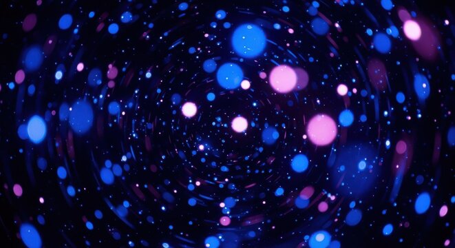 Blue and pink glowing particle bokeh swirl in dark cosmic abstract space