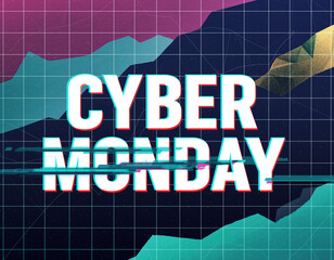 A collection of high-impact digital art and abstract technology backgrounds featuring 'Cyber Monday' text in neon and glitch styles, suitable for online retail, e-commerce, and seasonal sale advertisi