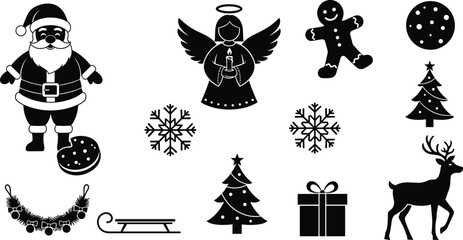 Christmas vector silhouettes of Santa Claus, reindeer, angel, tree, snowflake, gift box, and gingerbread man festive icons