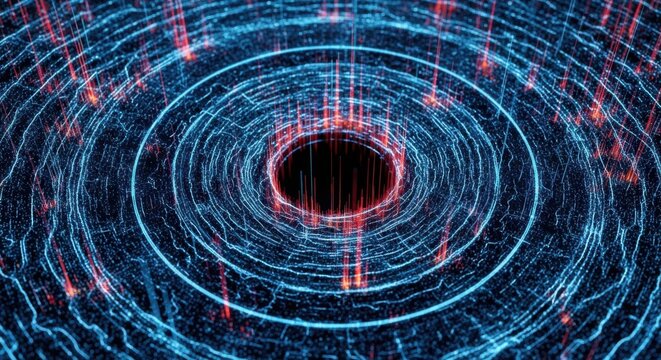 Digital cyber vortex grid with glowing blue circular network energy core
