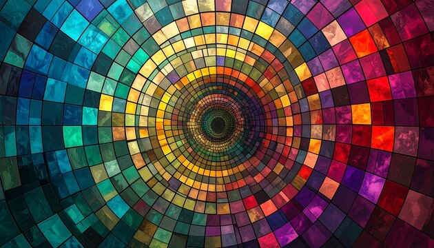 Vibrant circular mosaic of colorful tiles outward - Powered by Adobe