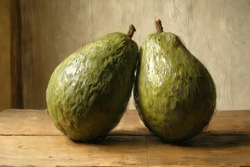 Two green pears sit together, painted with textured brushstrokes