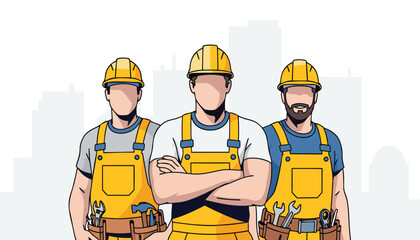 Three construction workers wearing hard hats and yellow overalls, standing confidently with arms crossed