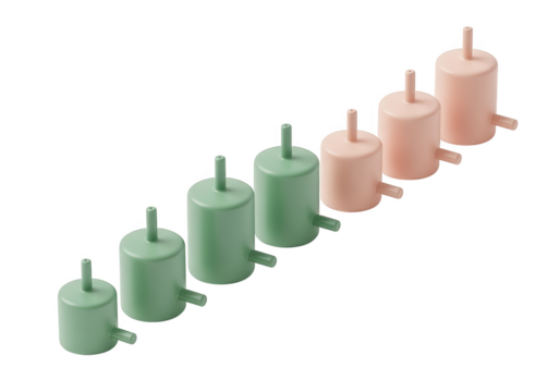 Row of small cylindrical objects isolated on transparent background