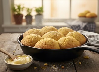 Hot steaming cornbread muffins fresh from the oven in a cast iron skillet with a side of butter.