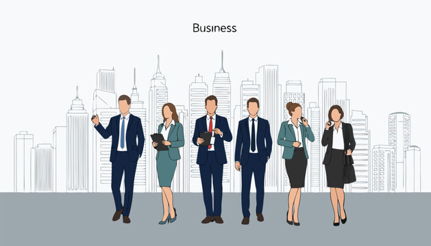 A diverse group of business professionals stand confidently in front of a city skyline, representing corporate success and teamwork