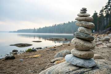 stone stack balanced on a serene