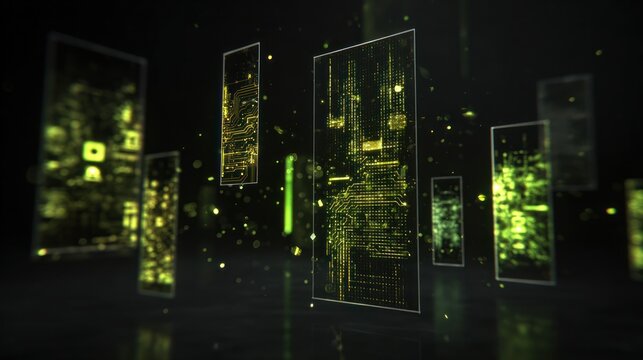 Digital screens with glowing data
