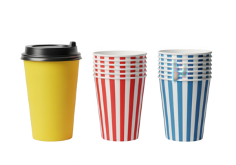 Three paper cups with lids and striped patterns isolated on transparent background