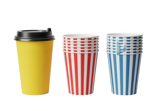 Three paper cups with lids and striped patterns isolated on transparent background