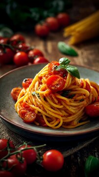 A delicious plate of spaghetti with fresh cherry tomatoes and basil, a classic italian dish that is perfect for a quick and easy meal, on a rustic wooden table.