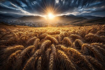 Golden wheat field meets bright sun, mountains, and cloudy sky
