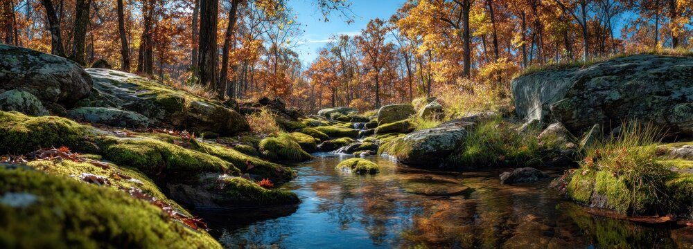 Autumnal creek with mossy rocks