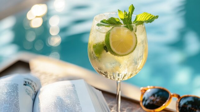 Refreshing summer cocktail with lime and mint by the poolside