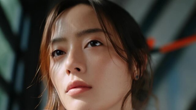 Close-up of a young woman with her eyes closed, a peaceful expression under soft lighting.